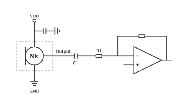 Analog MEMS microphone connected to an external amplifier Diagram of analog MEMS microphone connected to an external amplifier