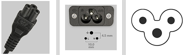 IEC 60320 C5 plug and matching IEC 60320 C6 receptacle Obrázek zástrčky IEC 60320 C5 a odpovídající zásuvky IEC 60320 C6