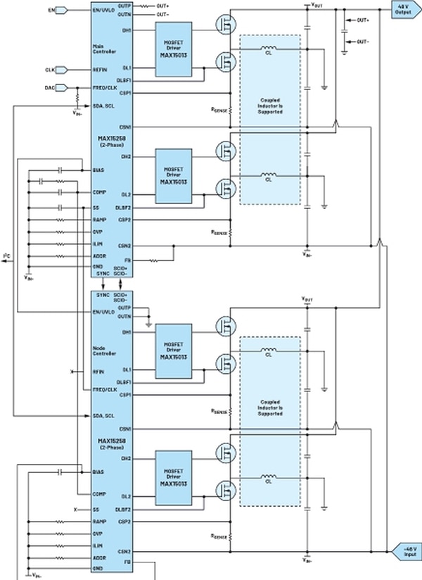 Analog Devices quad-phase inverting buck-boost (click to enlarge) Image of Analog Devices quad-phase inverting buck-boost (click to enlarge)