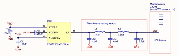 STMicroelectronics STM32WBA52 RF terminal (click to enlarge) Diagram of STMicroelectronics STM32WBA52 RF terminal (click to enlarge)