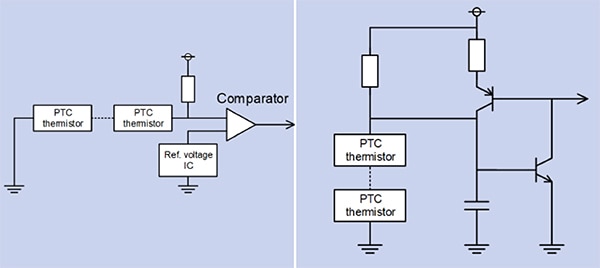 Two common temperature monitoring schemes with PTC thermistors Diagram of two common temperature monitoring schemes with PTC thermistors
