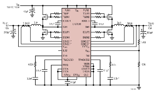 Typical application circuit with ADI's LTC7890 (click to enlarge) Schéma d'un circuit d'application typique avec le LTC7890 d'ADI (cliquez pour agrandir)