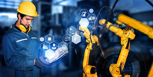 Smart industrial robot arms for digital factory production Image de bras de robots industriels intelligents pour la production d'usine numérique