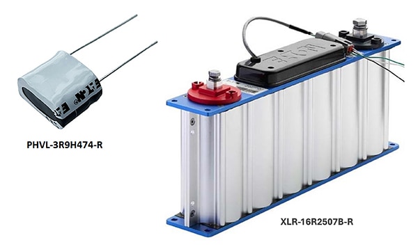 Eaton PHVL-3R9H474-R and XLR-16R2507B-R supercapacitors Image of Eaton PHVL-3R9H474-R and XLR-16R2507B-R supercapacitors