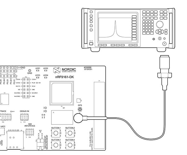 Nordic Semiconductor's nRF9161 dev kit’s RF signal measurement Schéma de la mesure du signal RF du kit de développement nRF9161 de Nordic Semiconductor