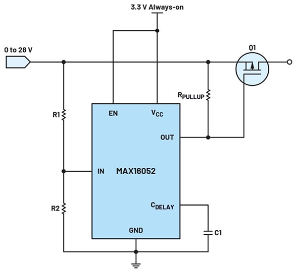 P-channel MOSFET used as a high-side switch for overvoltage protection Image of P-channel MOSFET used as a high-side switch for overvoltage protection