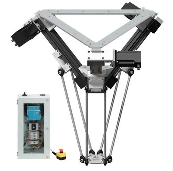 Three-axis delta robot next to an Igus iRC Image of three-axis delta robot next to an Igus iRC