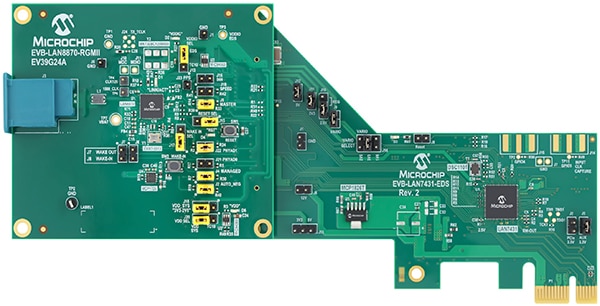 Microchip EVB-LAN8870-RGMII PHY board plugged into the EVB-LAN7431-EDS board Image of Microchip EVB-LAN8870-RGMII PHY board plugged into the EVB-LAN7431-EDS board