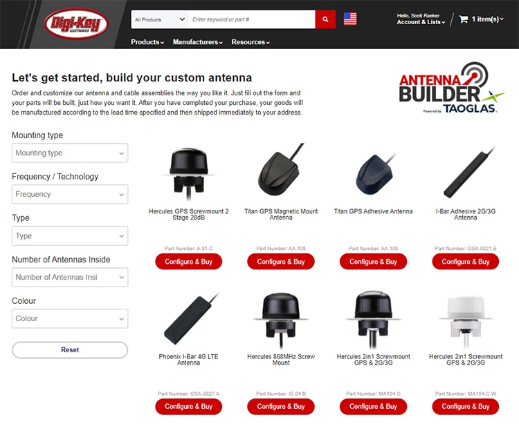 Antenna Builder Selection page