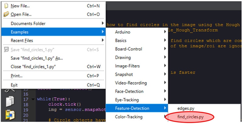 Navigating to the find_circles.py example script in the OpenMV IDE