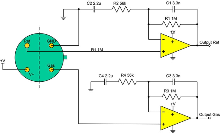 Schematic diagram of a simple amplifier interface for a dual-channel thin film pyroelectric IR sensor