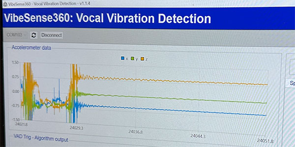 A TDK demo shows data picked up from a vibration sensor only when the person wearing the earbuds was talking