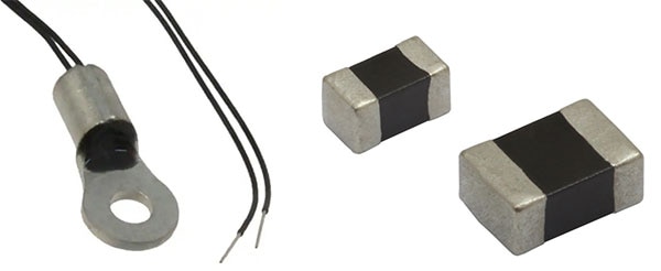 Vishay's temperature sensor packaging styles, including lug (left) and surface-mount (right) NTC temperature sensors (not to scale)