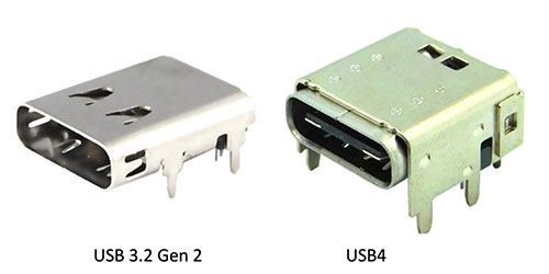 USB-C pc board receptacles for USB 3.2 Gen 2 (left) and USB4 (right)