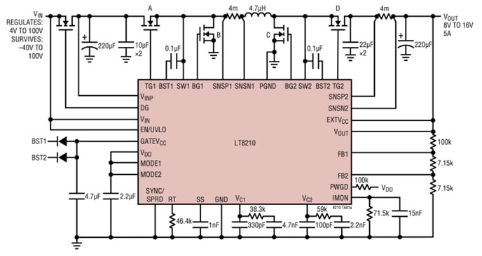 The suggested schematic of periphery components for the LT8210 family of 100 volt buck-boost switching controllers which offers multiple operating modes, including a unique Pass-Thru capability