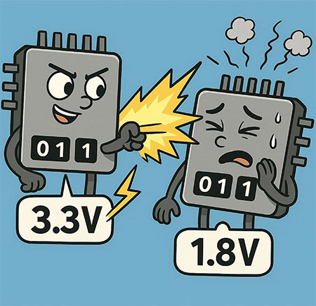 Depiction of two ICs of incompatible IO standards communicating