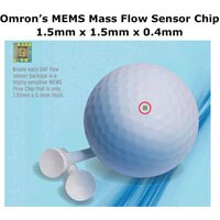 Image comparing scale of 1.5mm x 1.5mm x 0.4mm MEMS chip with a golf ball MEMS Mass Flow Sensor Chip