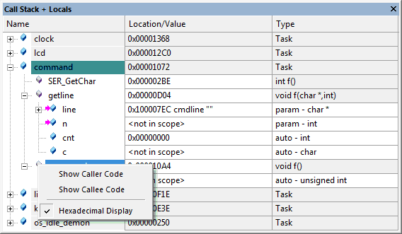 ULINK-Fenster "Call Stack + Locals" Fenster "Call Stack + Locals"
