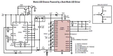 ADI's Matrix's LED Dimmer Powered by a Buck Mode LED Driver Analog Devices 的 LT3965 8 开关 LED 调光器图片