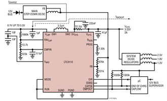Analog Device's LTC3110 Supercapacitor Charger Schematic Image of Analog Devices' LTC3110 Supercapacitor Charger Schematic