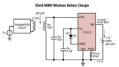 Analog Devices LTC4123 25 mA NiMH Wireless Battery Charger Imagen del cargador de batería inalámbrico de 25 mA NiMH de Analog Devices