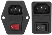 Qualtek 719W-UEL/723W-BEL: IEC C14 Inlets with Dual Fuseholder and DPST Switch Abbildung: IEC-C14-Geräteanschlussbuchsen 719W-UEL/723W-BEL von Qualtek mit Doppel-Sicherungshalter und zweipoligem Einschalter