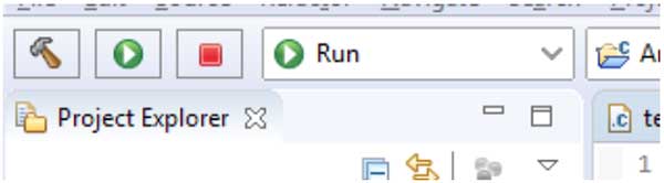 Now the code needs to be built. This is done by clicking the build icon (the hammer). Once built, click the run tool (the green circle with the white arrow). Now the code needs to be built. This is done by clicking the build icon (the hammer). Once built, click the run tool (the green circle with the white arrow).