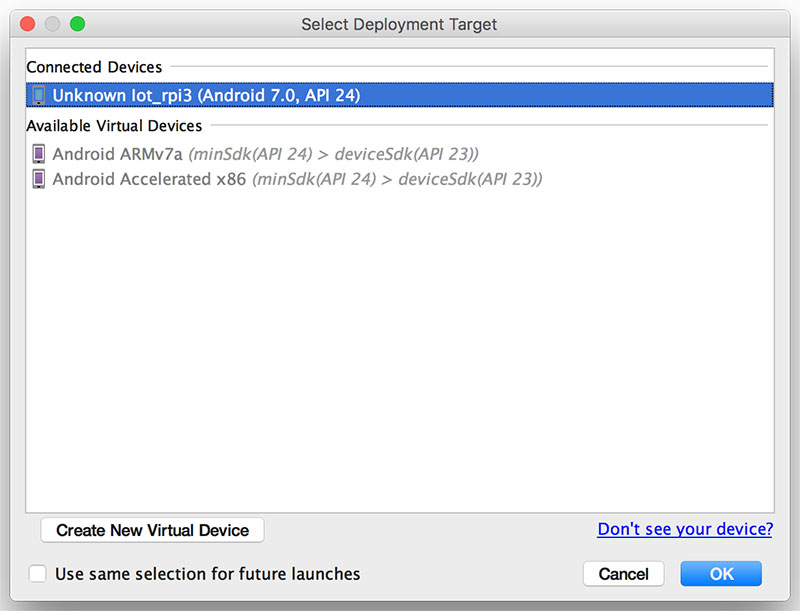 Select your Android device to run the application on