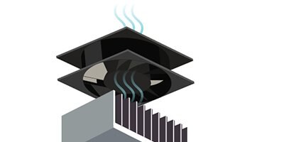 A view of a fan and thermal heat sink