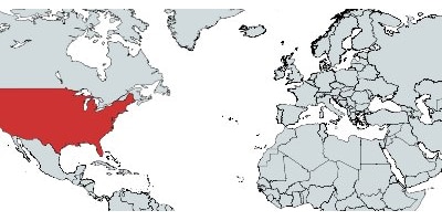 A world map focused on the Northern Hemisphere with the Continental United States highlighted