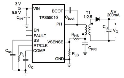 Image of Simplified schematic of flyback regulator circuit using the TPS55010
