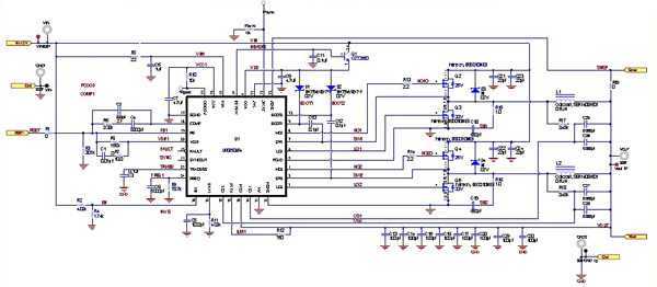 Image of The complete schematic of the dual-phase converter using LM3754
