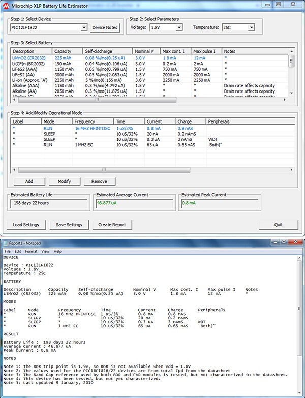 Image of Microchip XLP battery-life-estimator program