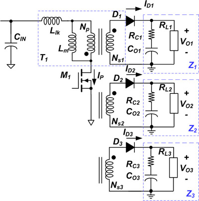 Image of flyback converter with multiple outputs
