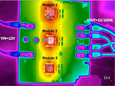 Thermal image for three Intersil ISL8225M modules connected in parallel