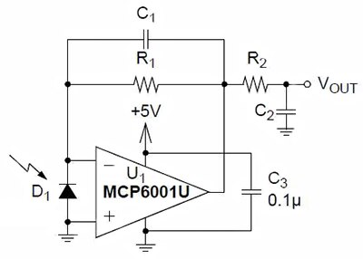 Diagram of Microchip MCP6001U trans-impedance op-amp approach