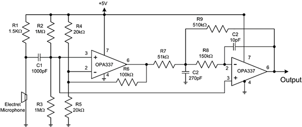 Completed schematic for the amplifier including the electret microphone and its associated bias resistor