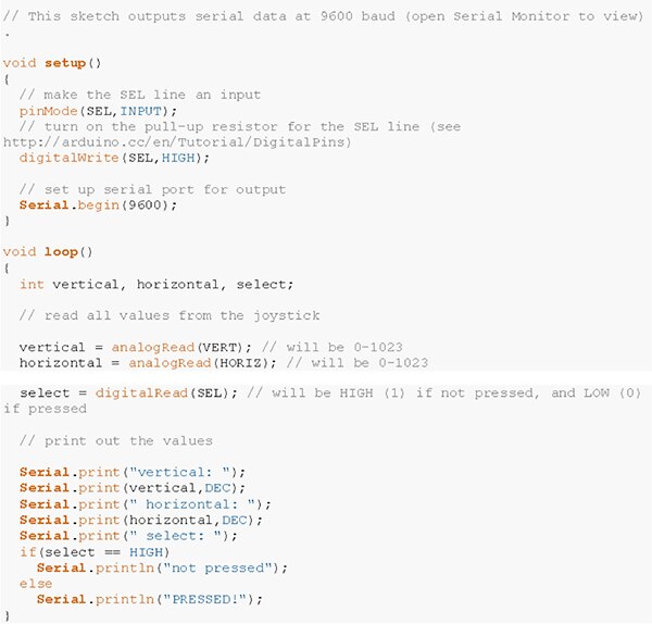 Image of sample Arduino code for reading values from a SparkFun joystick