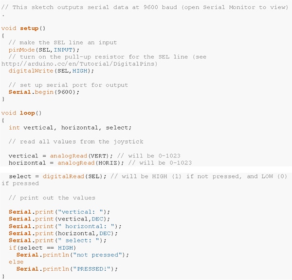 用于从 SparkFun 操纵杆读取值的示例 Arduino 代码的图片