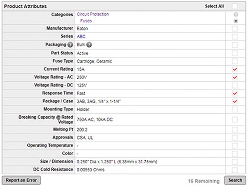 Image of selecting quick filters related to Eaton’s BK/ABC-15R fuse holder