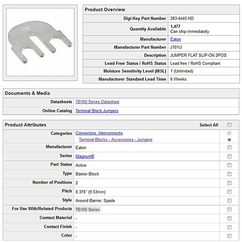 Image of Digi-Key part search page for the J101/J jumper