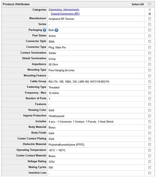 Image of Digi-Key part search for the Amphenol 132114 part