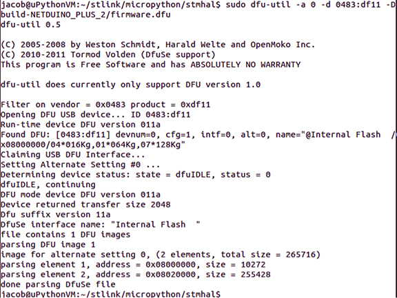 Image of MicroPython being loaded onto a microcontroller using the dfu-util