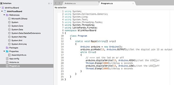 Screen capture of the Visual Studio code for blinking the on-board LED (click for full-size)