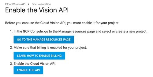 Image of main steps that need to be followed in order to setup the Google Cloud Platform for machine vision