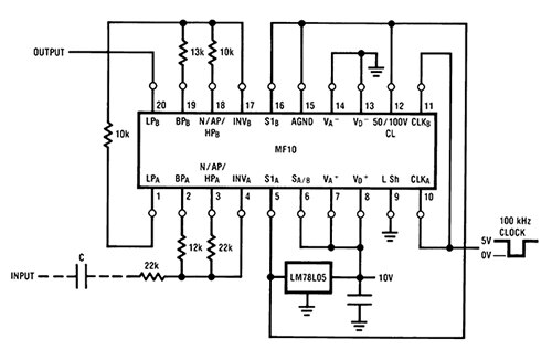 使用 MF10 SCF IC 实现的四阶 1kHz 低通滤波器示意图