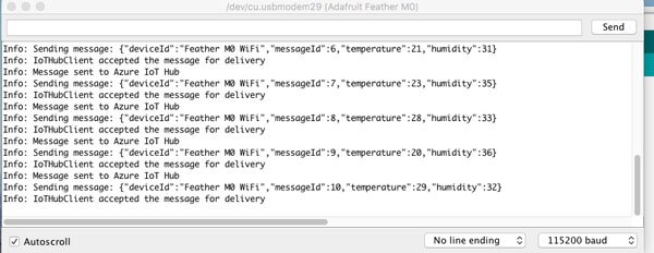 显示正在从 Feather M0 Wi-Fi 发送消息的串行监视器的图片