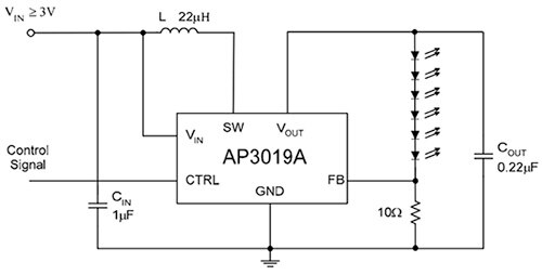 包含專用功能的 Diodes AP3019A 驅動器之示意圖