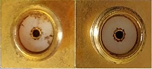 Image of SMA connector with dirt and metal filings, and after cleaning