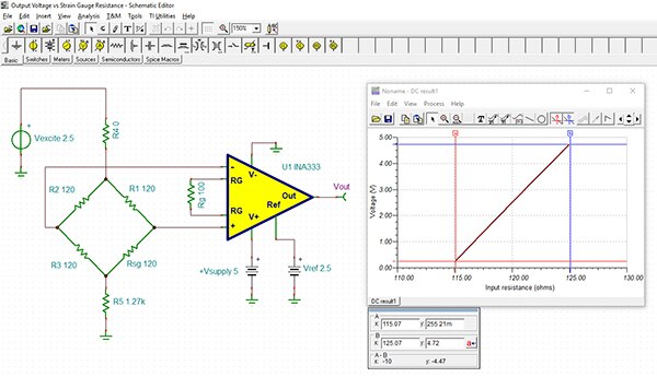 Diagram of TINA TI simulation of a strain gage amplifier using a Texas Instruments INA333